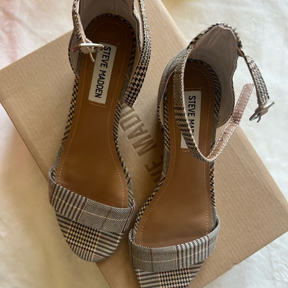 Steve Madden Women's Plaid Ankle Strap Heels - Black and Tan